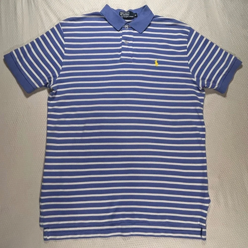 Polo Ralph Lauren Mens Blue White Striped Cotton Pique Polo Shirt Size M